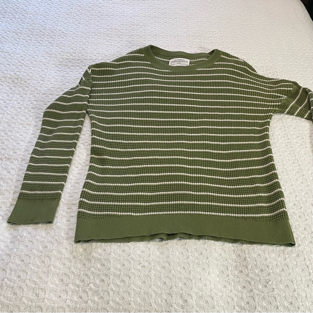 REI‎ Cooperative Olive and Cream Striped Waffle Texture Top~ Size M  ~ Casual